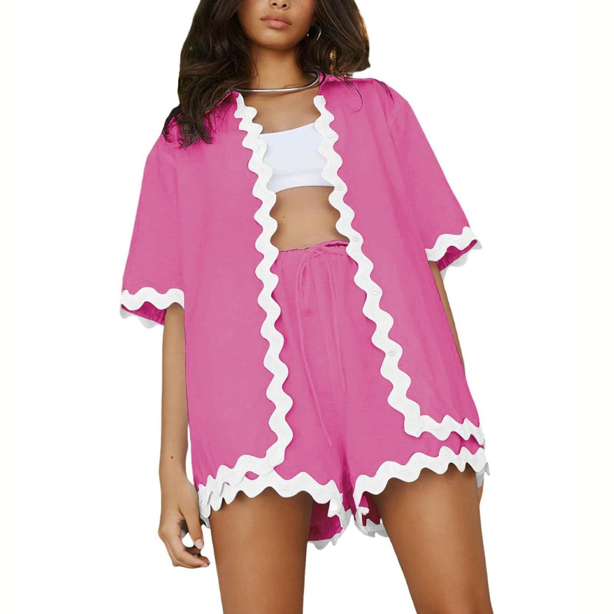Weißes Wellen-Cardigan + Shorts, 2-teiliges Set