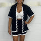 Weißes Wellen-Cardigan + Shorts, 2-teiliges Set