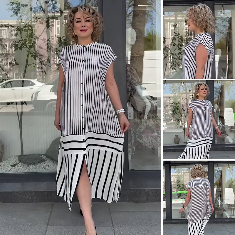 Damen lockeres langes Kleid mit Streifen und Knopfleiste