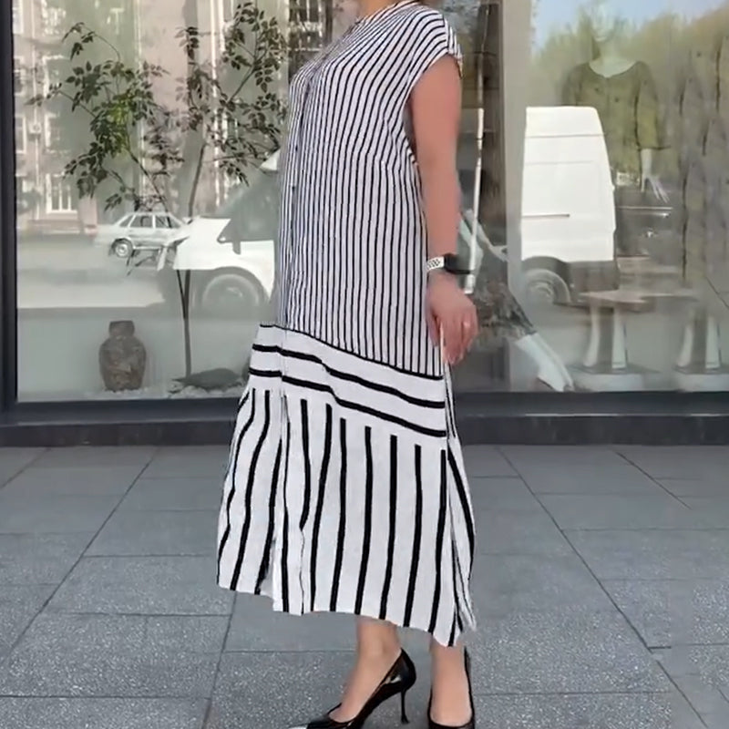Damen lockeres langes Kleid mit Streifen und Knopfleiste