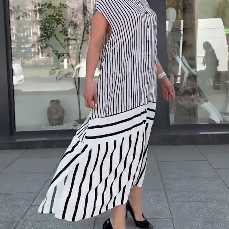 Damen lockeres langes Kleid mit Streifen und Knopfleiste