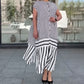 Damen lockeres langes Kleid mit Streifen und Knopfleiste