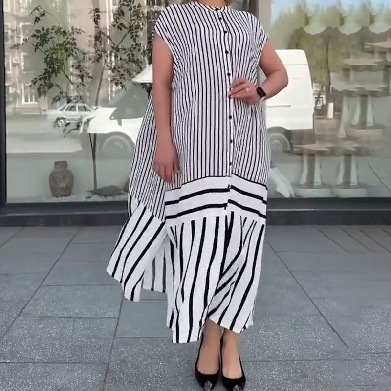 Damen lockeres langes Kleid mit Streifen und Knopfleiste
