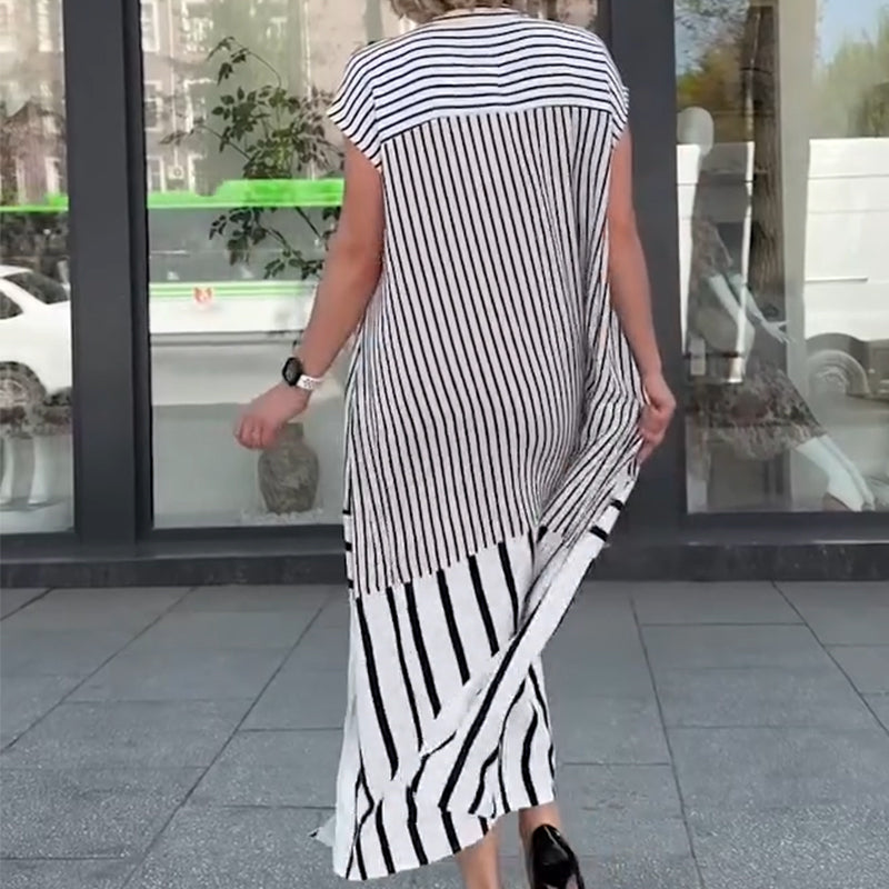 Damen lockeres langes Kleid mit Streifen und Knopfleiste