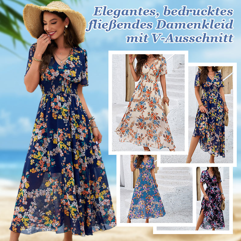 Elegantes, bedrucktes, fließendes Damenkleid mit V-Ausschnitt