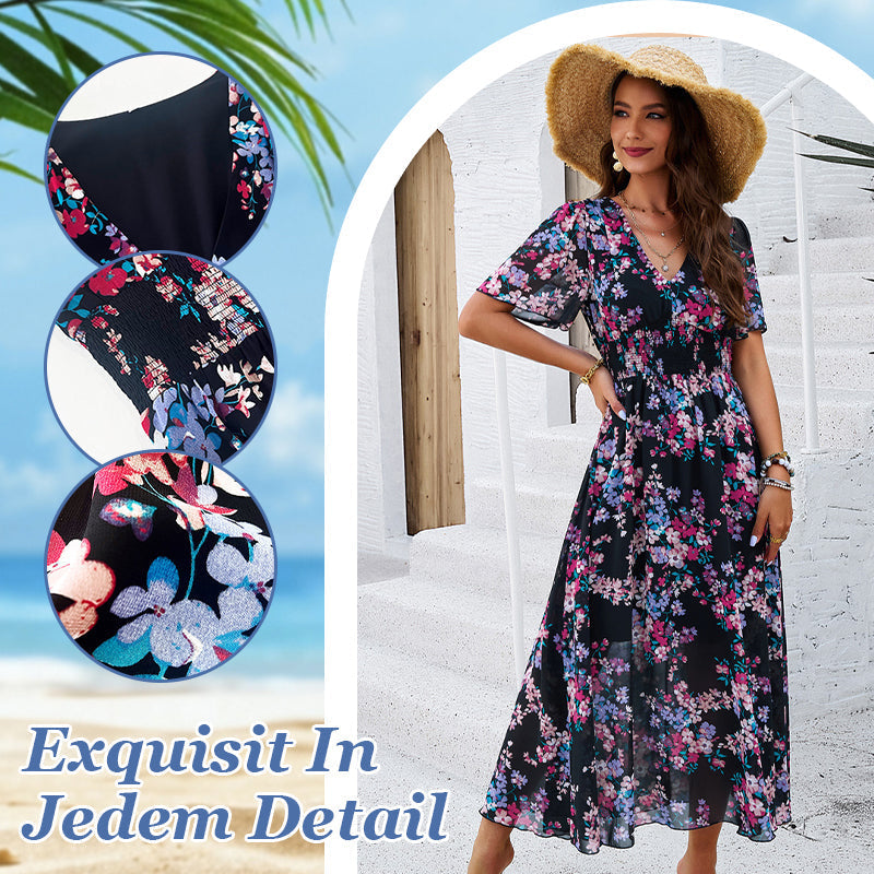 Elegantes, bedrucktes, fließendes Damenkleid mit V-Ausschnitt