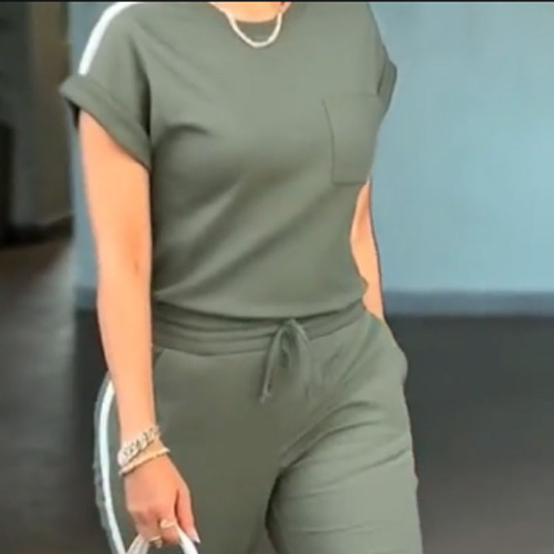 Lässiges, einfarbiges Sport-Set für Damen mit Oberteil und Kordelzug und Hose