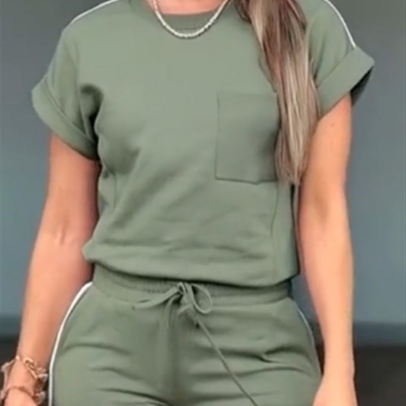 Lässiges, einfarbiges Sport-Set für Damen mit Oberteil und Kordelzug und Hose