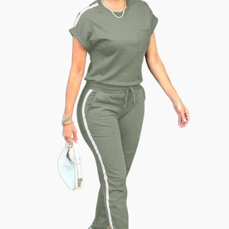 Lässiges, einfarbiges Sport-Set für Damen mit Oberteil und Kordelzug und Hose
