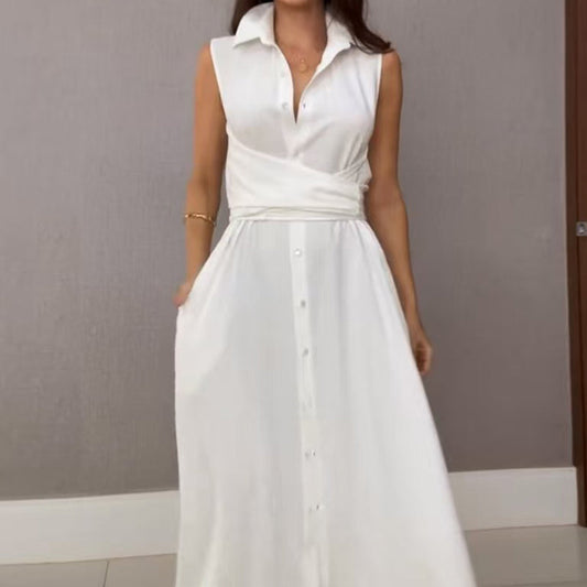 ⏳Zeitlich begrenztes Angebot💖Ärmelloses Damenhemd-Maxikleid mit Taillenkrawatte