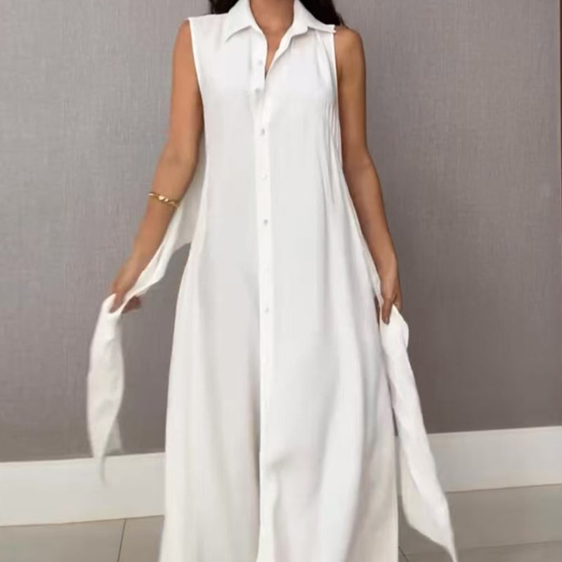 ⏳Zeitlich begrenztes Angebot💖Ärmelloses Damenhemd-Maxikleid mit Taillenkrawatte