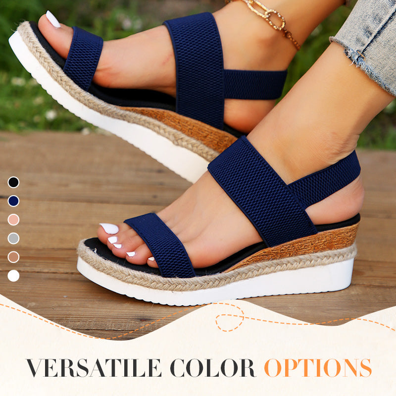 Damen-Sandalen mit gewebtem Gummiband und dicker Sohle und schrägem Absatz