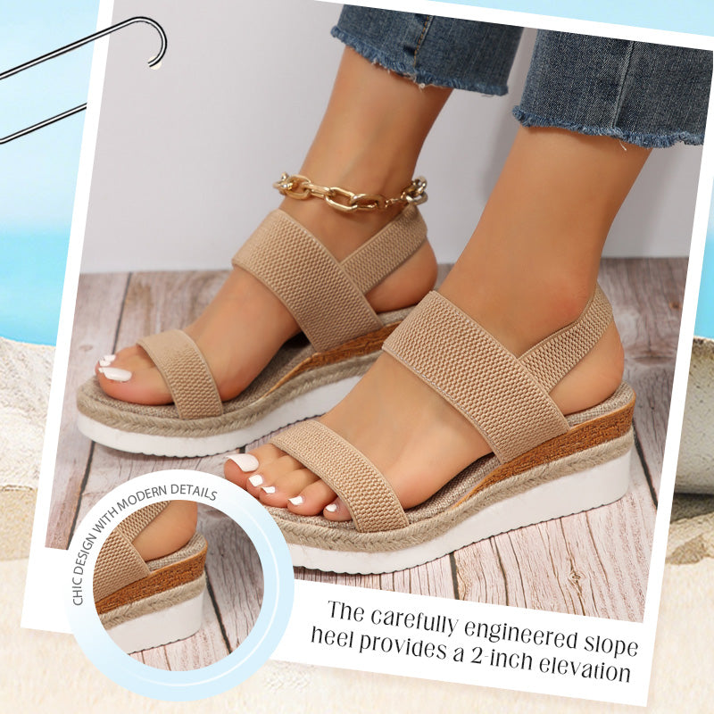 Damen-Sandalen mit gewebtem Gummiband und dicker Sohle und schrägem Absatz