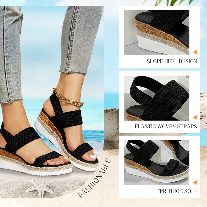 Damen-Sandalen mit gewebtem Gummiband und dicker Sohle und schrägem Absatz