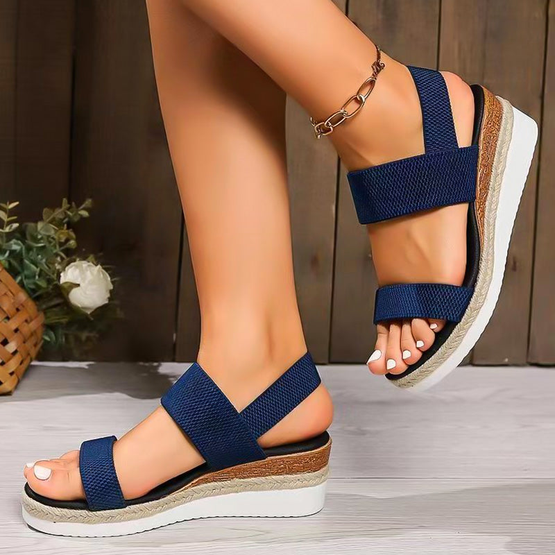Damen-Sandalen mit gewebtem Gummiband und dicker Sohle und schrägem Absatz