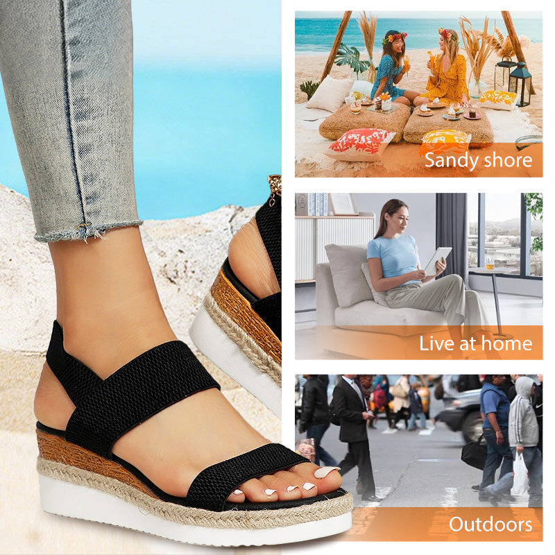Damen-Sandalen mit gewebtem Gummiband und dicker Sohle und schrägem Absatz
