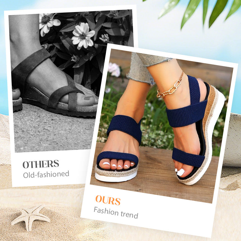 Damen-Sandalen mit gewebtem Gummiband und dicker Sohle und schrägem Absatz