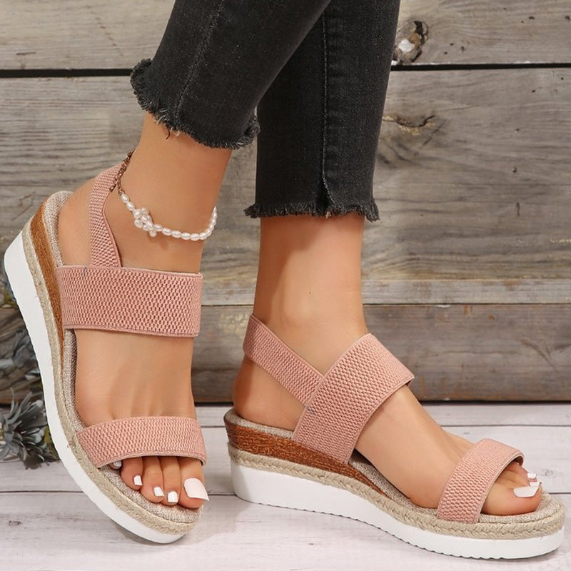 Damen-Sandalen mit gewebtem Gummiband und dicker Sohle und schrägem Absatz