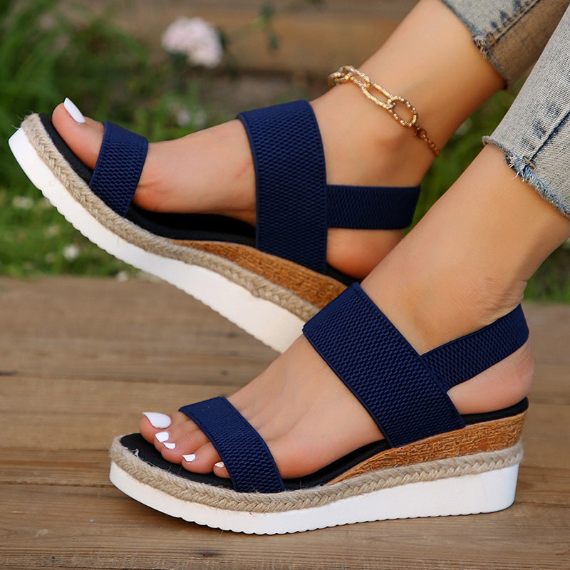 Damen-Sandalen mit gewebtem Gummiband und dicker Sohle und schrägem Absatz