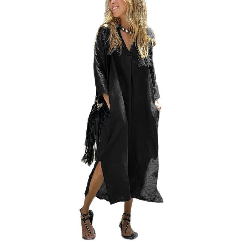 ⏳Zeitlich begrenzter Rabatt🩷Lässiges langes Kleid mit V-Ausschnitt, Taschen und geschlitztem Saum für Damen
