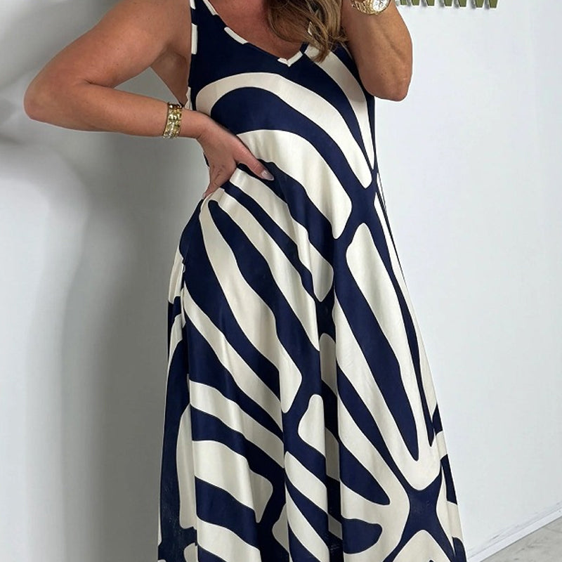 Bedrucktes ärmelloses Maxikleid mit V-Ausschnitt
