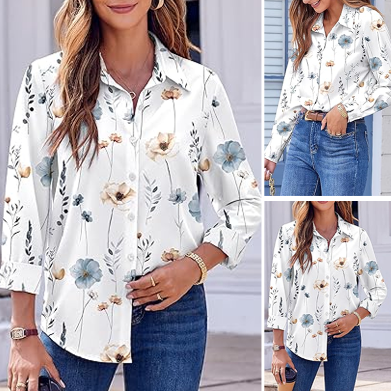 Bedrucktes Langarm-Button-Down-Hemd mit Revers für Damen