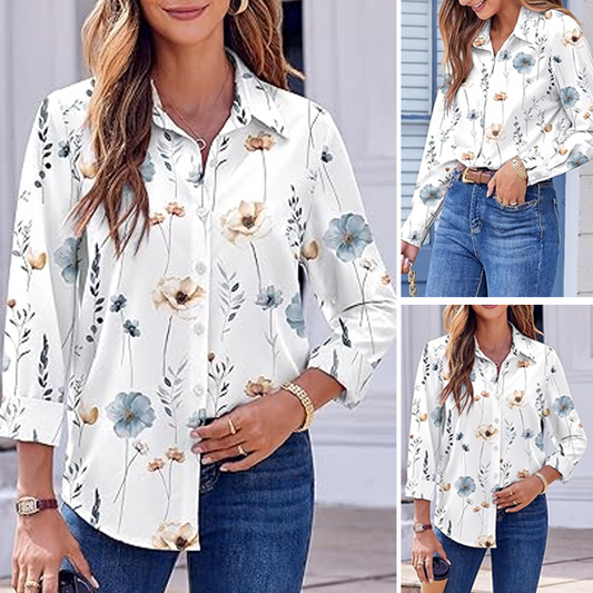 Bedrucktes Langarm-Button-Down-Hemd mit Revers für Damen