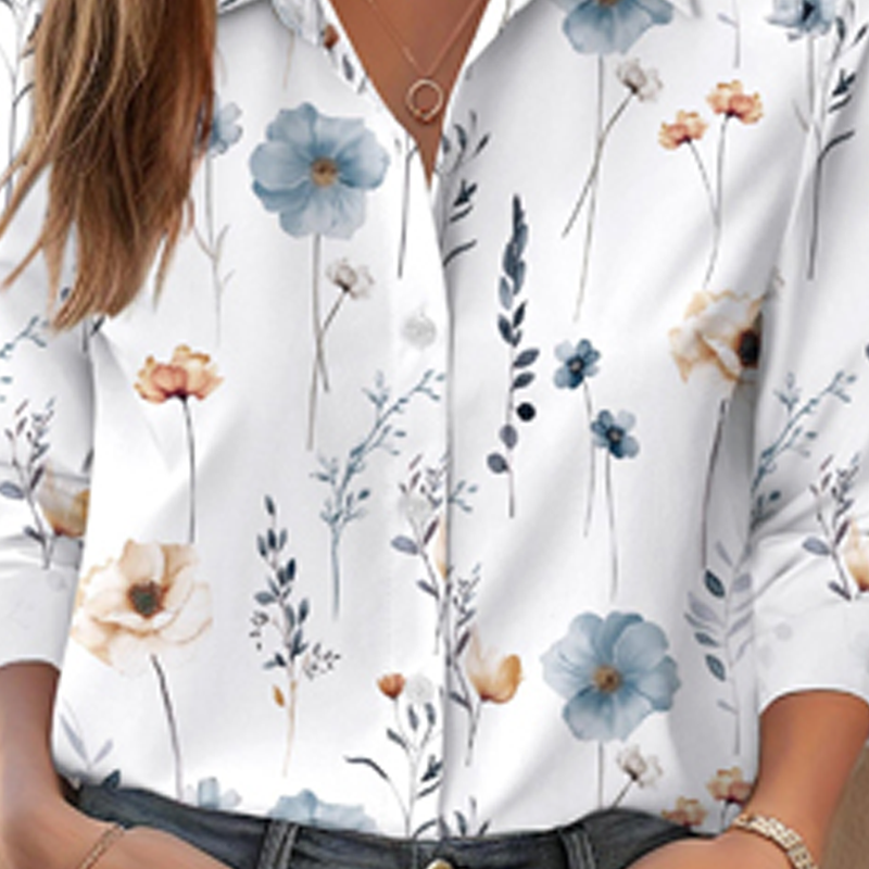 Bedrucktes Langarm-Button-Down-Hemd mit Revers für Damen