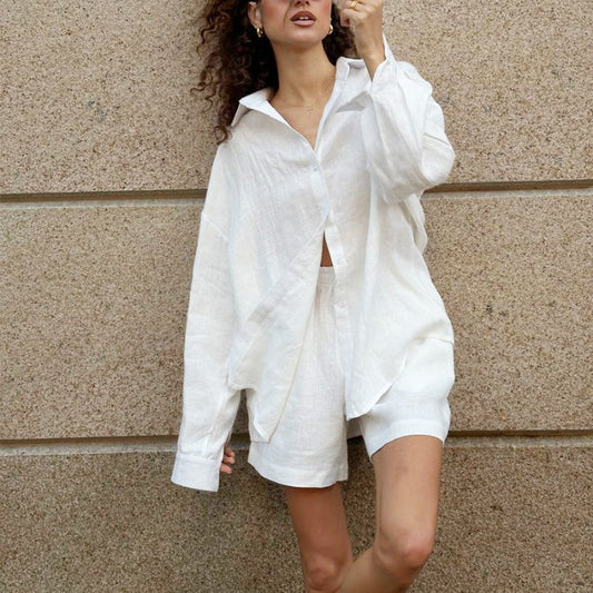 2-teiliges Button-Down-Shirt- und Shorts-Set für Damen