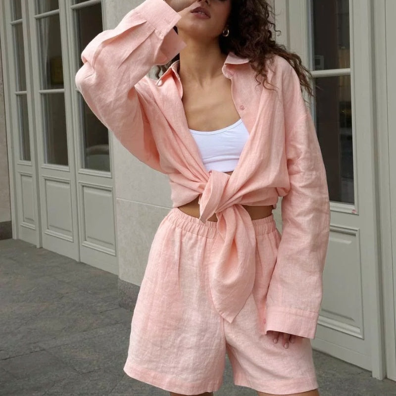 2-teiliges Button-Down-Shirt- und Shorts-Set für Damen