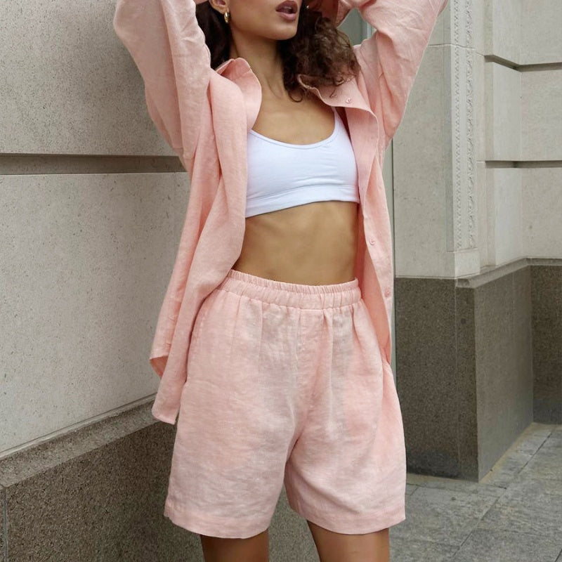 2-teiliges Button-Down-Shirt- und Shorts-Set für Damen
