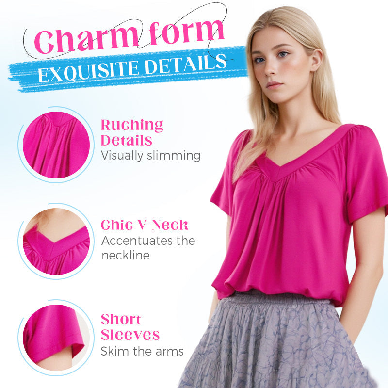 💖Lässiges Damen-Plissee-Shirt mit V-Ausschnitt und kurzen Ärmeln
