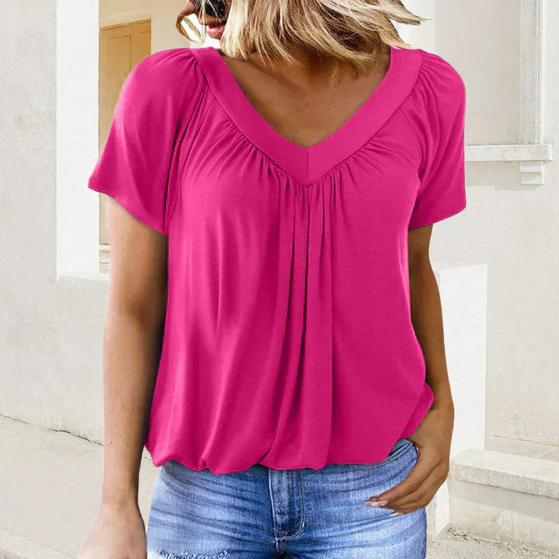 💖Lässiges Damen-Plissee-Shirt mit V-Ausschnitt und kurzen Ärmeln
