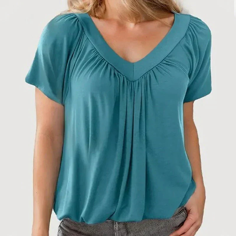 💖Lässiges Damen-Plissee-Shirt mit V-Ausschnitt und kurzen Ärmeln