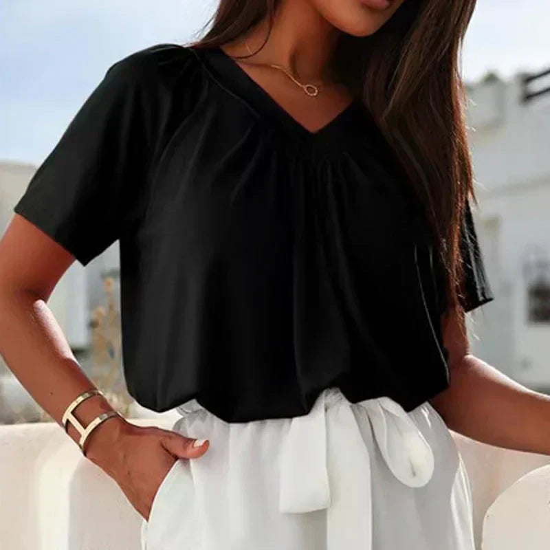 💖Lässiges Damen-Plissee-Shirt mit V-Ausschnitt und kurzen Ärmeln