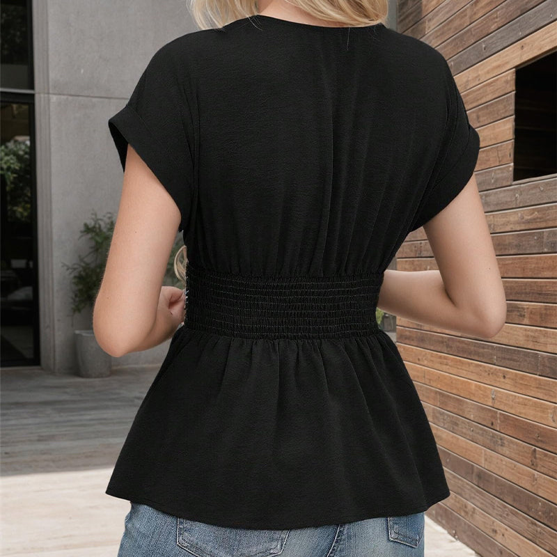 Damen T-Shirt mit V-Ausschnitt, Taillenformung, einfarbig, tiefem Ärmelrock und Plissee
