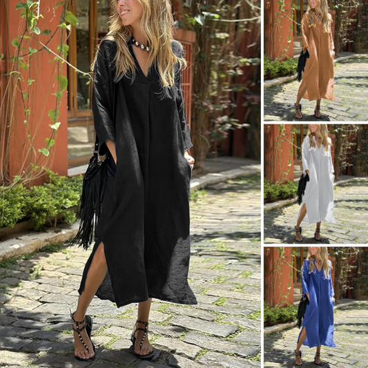 ⏳Zeitlich begrenzter Rabatt🩷Lässiges langes Kleid mit V-Ausschnitt, Taschen und geschlitztem Saum für Damen
