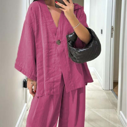 🔥2025 Neu eingetroffen - 50% OFF🌺Damen einfarbiges 2-teiliges Set: Oberteil mit V-Ausschnitt & Weitbeinhose