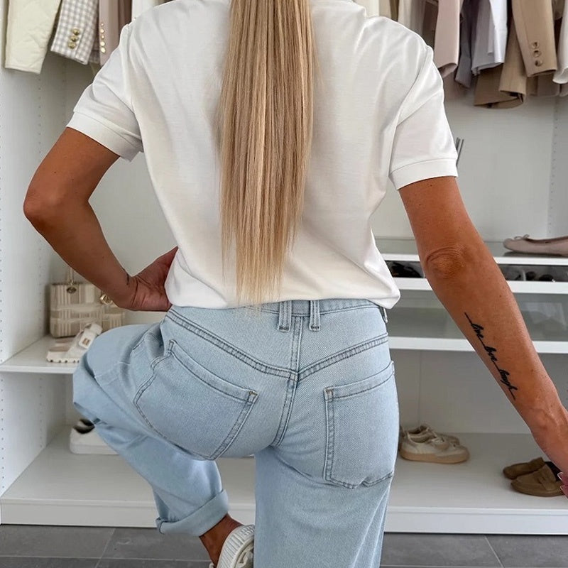 Einfarbige kurzärmlige Button-Down-Oberteile für Damen