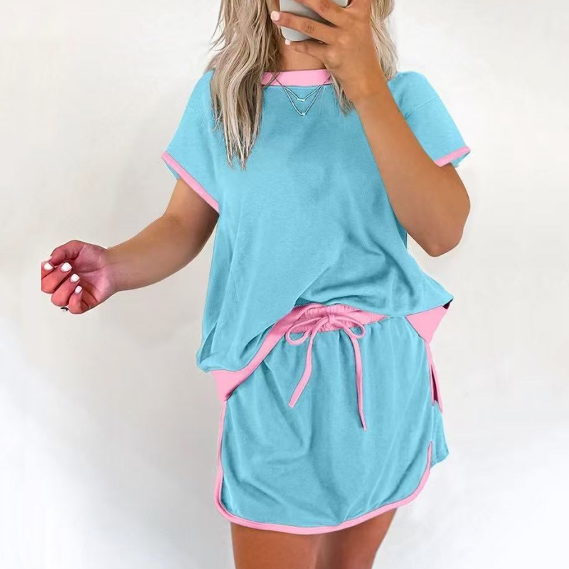Modisches zweiteiliges Set aus Kurzarmtop und Shorts mit Farbblockdesign für Damen