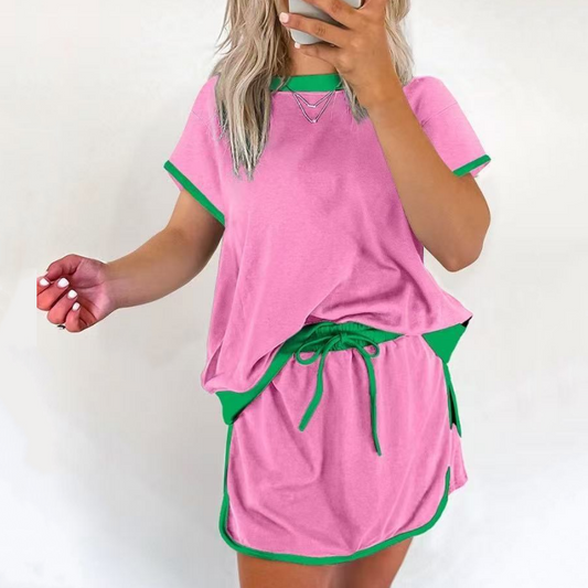 Modisches zweiteiliges Set aus Kurzarmtop und Shorts mit Farbblockdesign für Damen
