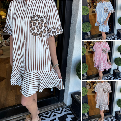 Damenmode gestreifte Patchwork-Hemdkleider mit Leopardenmuster