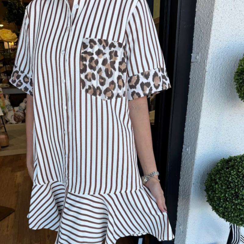 Damenmode gestreifte Patchwork-Hemdkleider mit Leopardenmuster