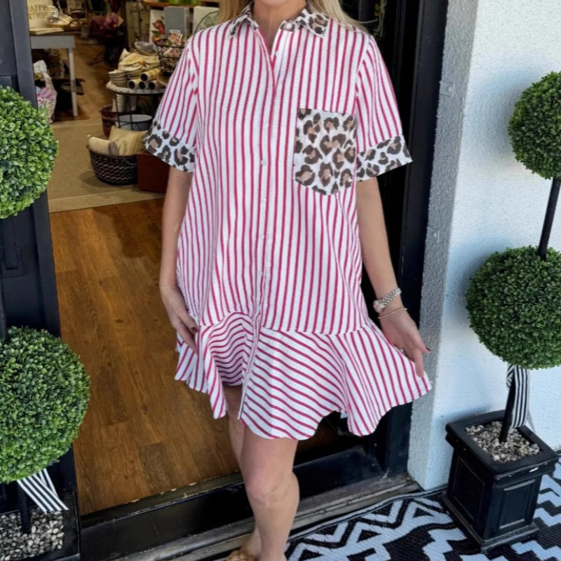 Damenmode gestreifte Patchwork-Hemdkleider mit Leopardenmuster