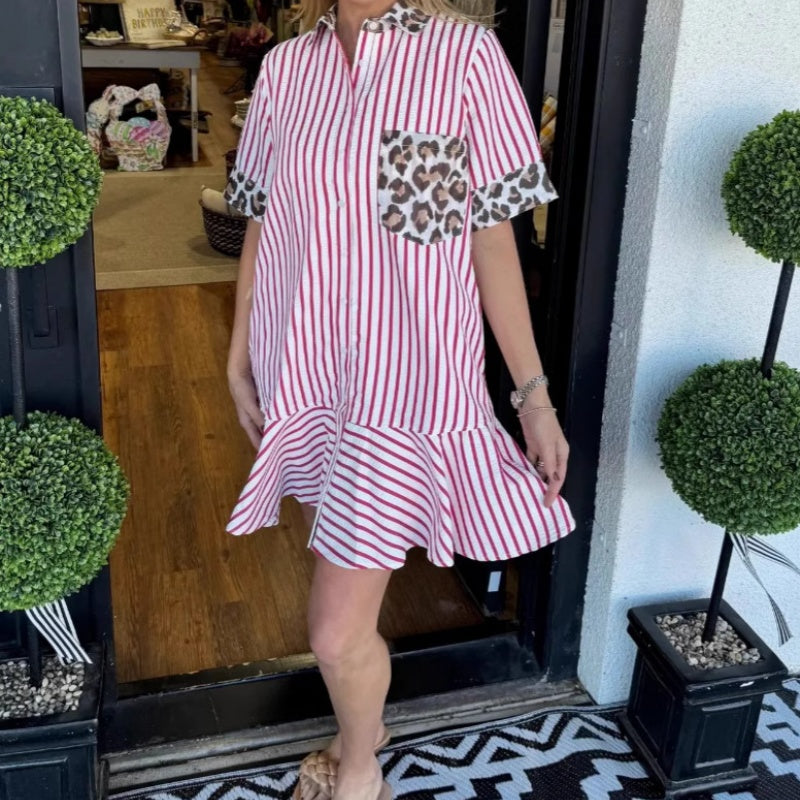 Damenmode gestreifte Patchwork-Hemdkleider mit Leopardenmuster