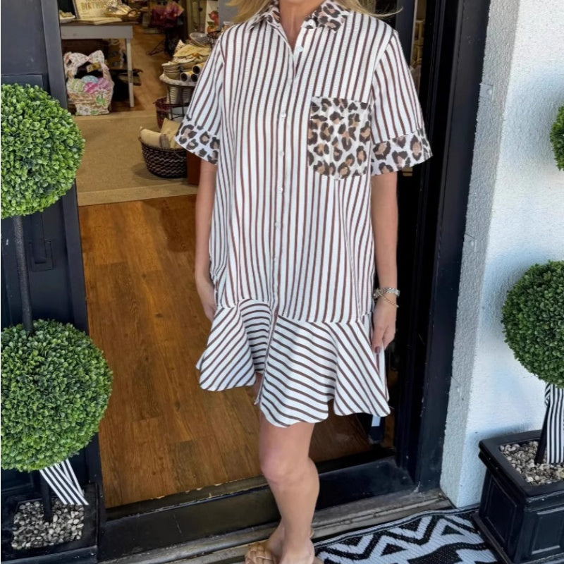 Damenmode gestreifte Patchwork-Hemdkleider mit Leopardenmuster