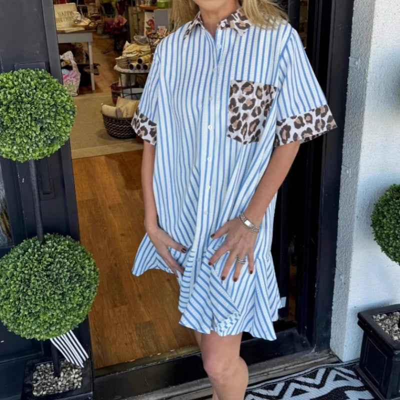 Damenmode gestreifte Patchwork-Hemdkleider mit Leopardenmuster