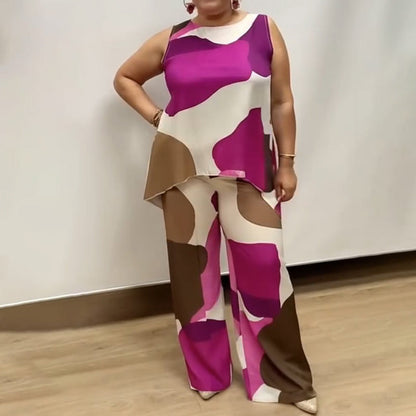 Lockerer, ärmelloser, bedruckter Zweiteiler für Damen mit Rundhalsausschnitt