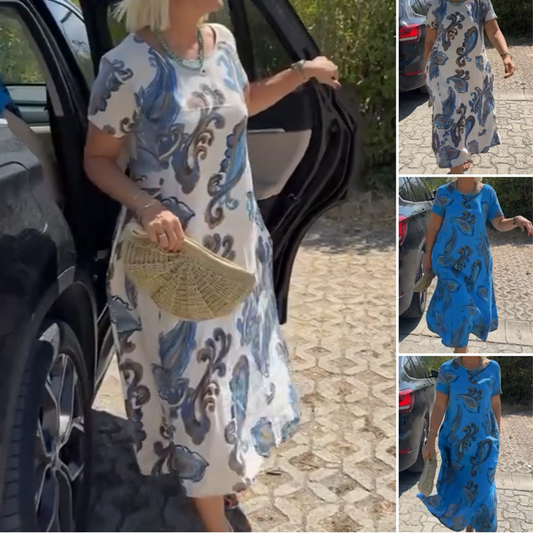 Lässiges, bedrucktes, kurzärmliges Midikleid