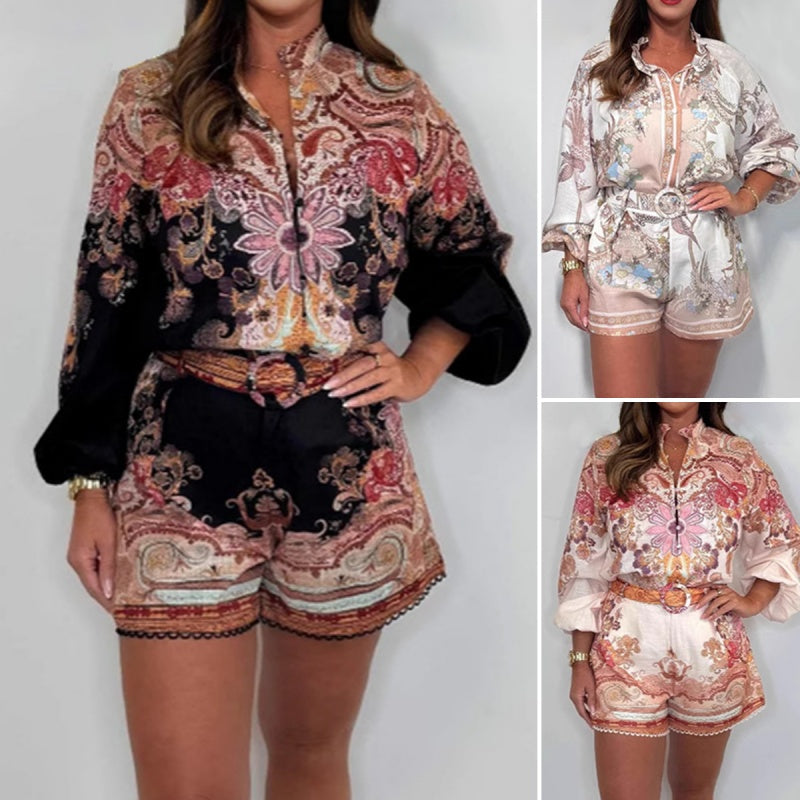 🌸Zweiteiliges Set mit modischem Print, Hemdoberteil mit Knopfleiste und Shorts mit Gürtel🌈